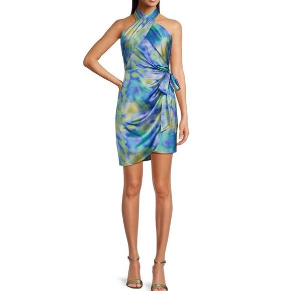 Badgley Mischka Dresses & Skirts - NWT Belle Badgley Mischka Blue Watercolor Halter Wrap Dress Size 10